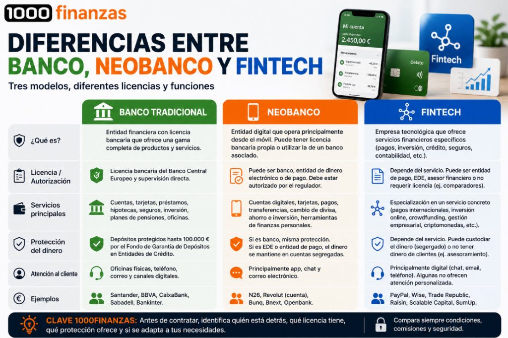 Diferencias entre banco, neobanco y fintech